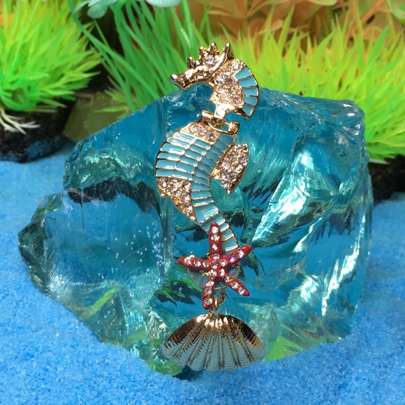 Enamel Seahorse Earrings with Rhinestones - Picture 3 of 8